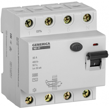 Выключатель дифференциального тока (УЗО) ВД1-63 4Р 50А 30мА GENERICA