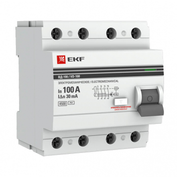 Выключатель дифференциального тока (УЗО)  4P 100А/30мА (электромеханическое) EKF Basic
