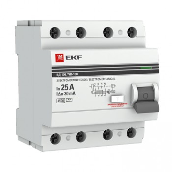 Выключатель дифференциального тока (УЗО)  ВД-100 4P 25А/100мА (электромеханическое) EKF PROxima