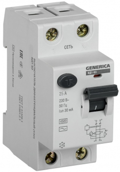 Выключатель дифференциального тока (УЗО) ВД1-63 2Р 25А 30мА GENERICA
