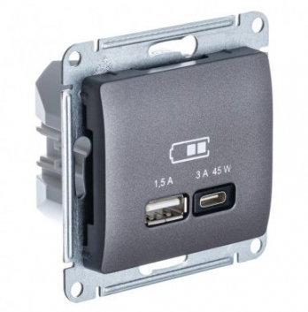 GLOSSA USB РОЗЕТКА A + тип-C 45W высокоскор.заряд. QC, PD, механизм, ГРАФИТ
