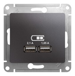 Розетка GLOSSA USB 5В/2100мА 2х5В/1050мА механизм графит