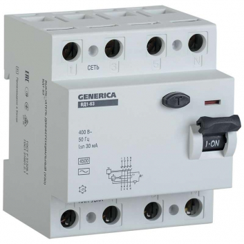 Выключатель дифференциального тока (УЗО) ВД1-63 4Р 16А 30мА GENERICA